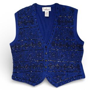 Vintage Worthington Beaded Vest Knit Wmns Sz LP Royal Blue Holiday Party 90s